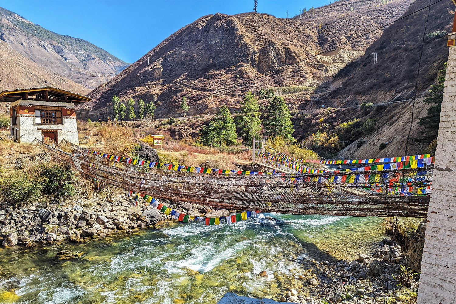 The bridge at Tachog Lhakhang, a 15th century temple, spans the Paro River.