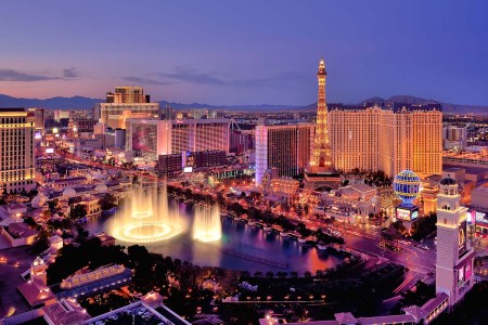 A view of the Las Vegas skyline at dusk, the city the houses the most expensive hotel room in the U.S.