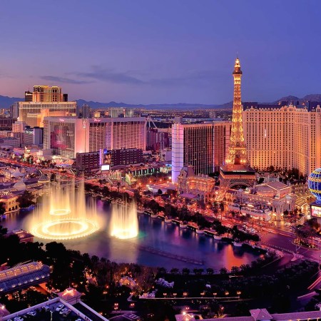 A view of the Las Vegas skyline at dusk, the city the houses the most expensive hotel room in the U.S.