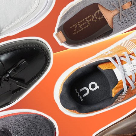 a collage of footwear from the Zappos shoe sale on an orange background