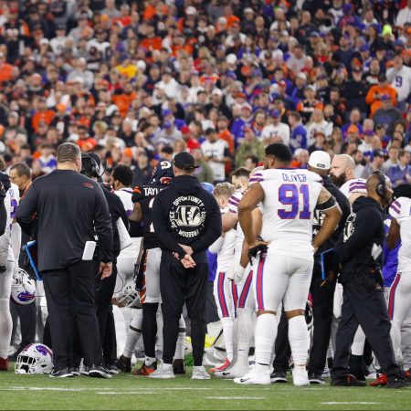 The Bengals and Bills watch Damar Hamlin being attended to after the NFL player suffered cardiac arrest on January 2