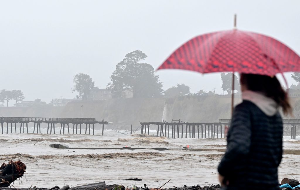 The pier at Capitola Wharf is seen split in half in Aptos, California on January 9, 2023.