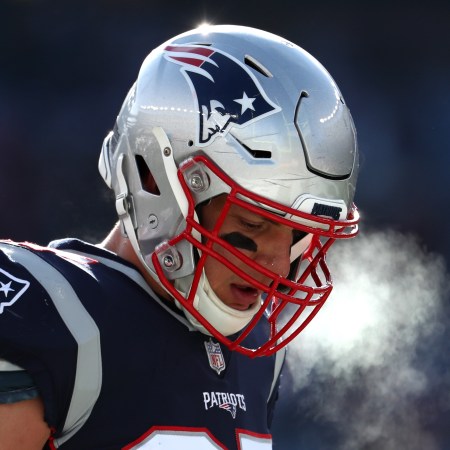 A picture of Rob Gronkowski breathing in the cold.