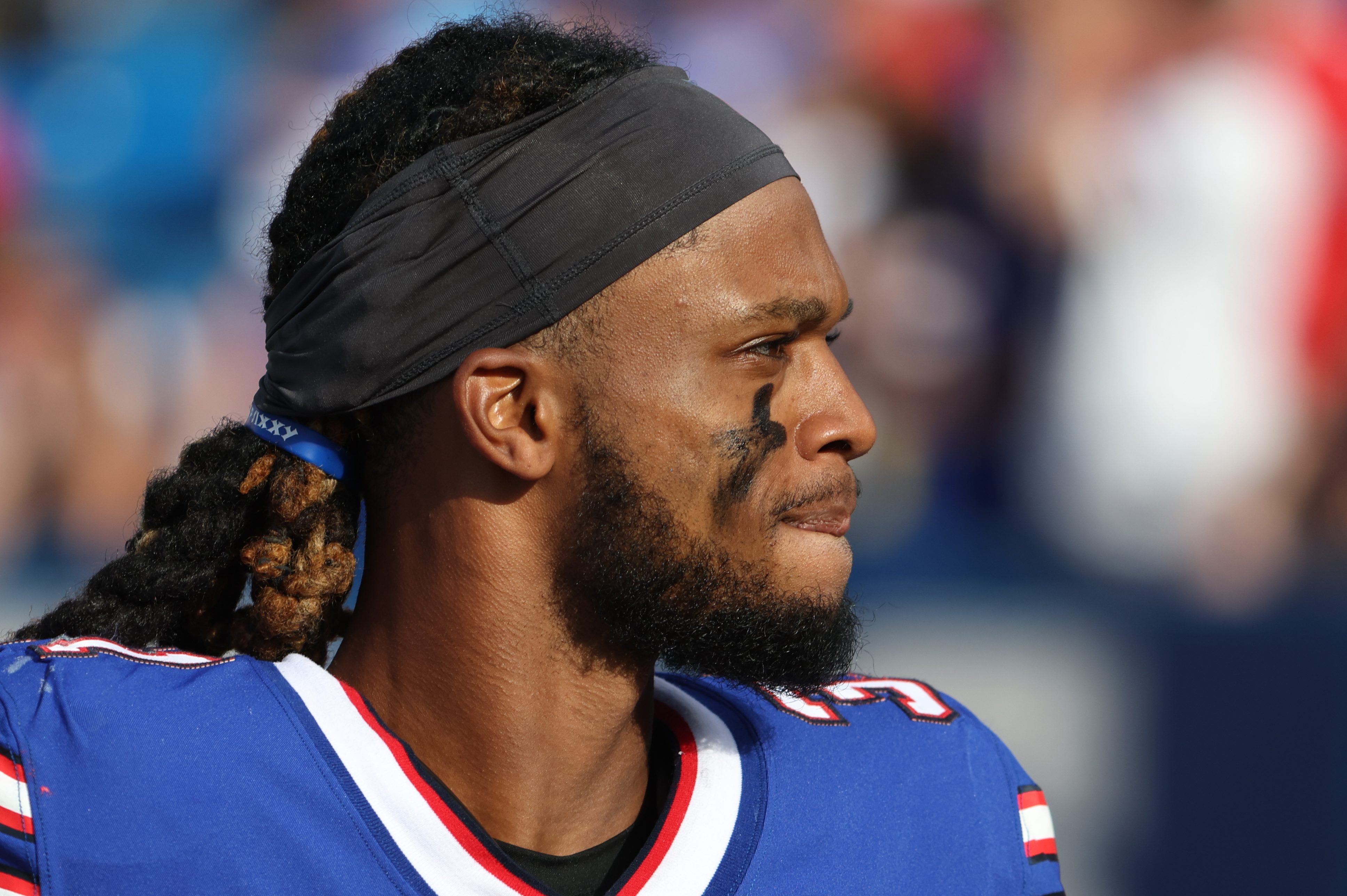 Damar Hamlin of the Bills on the sideline during a preseason game.