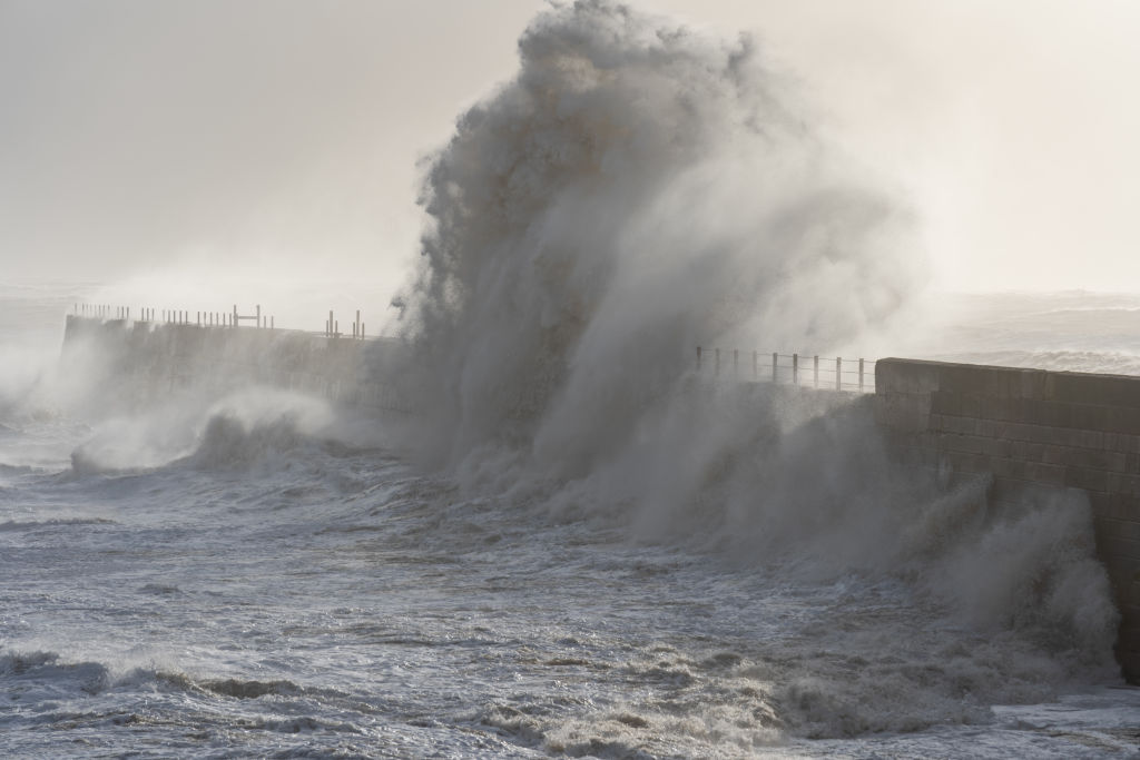 Stormy seas at the breakwater on the Headland, Hartlepool, County Durham. Lobsters and crabs in England are dying through mysterious reasons.