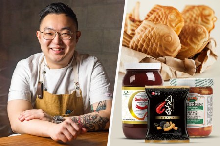 chef sol han of littlemad next to several korean grocery items