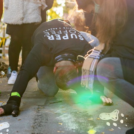 A graphic of Devon Lévesque completing the bear-crawl marathon.