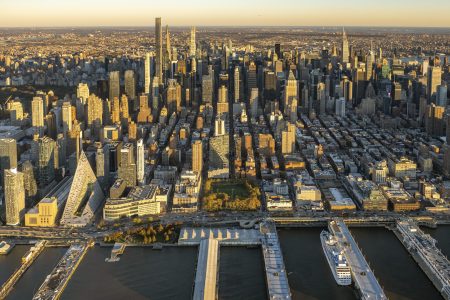 An aerial view of the west side of New York City.