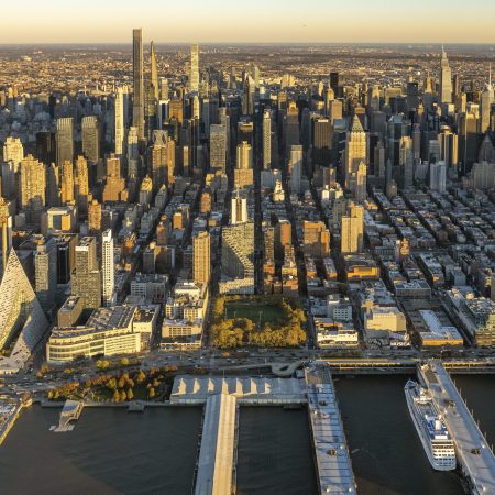 An aerial view of the west side of New York City.