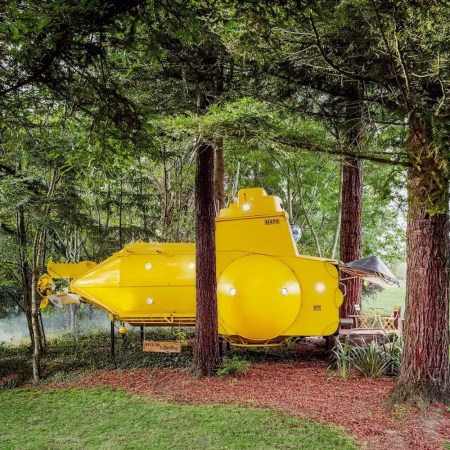 yellow submarine airbnb among the redwood trees