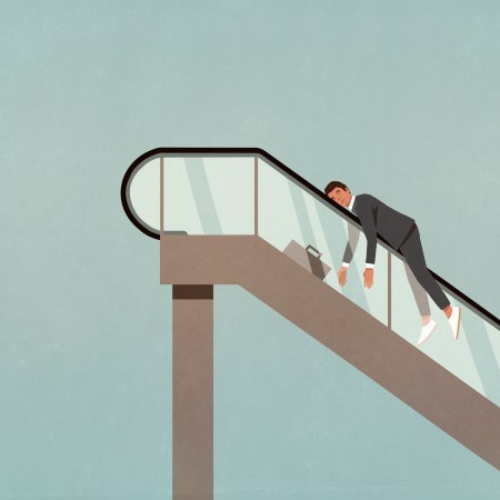 A cartoon of a businessman climbing an escalator to nowhere.