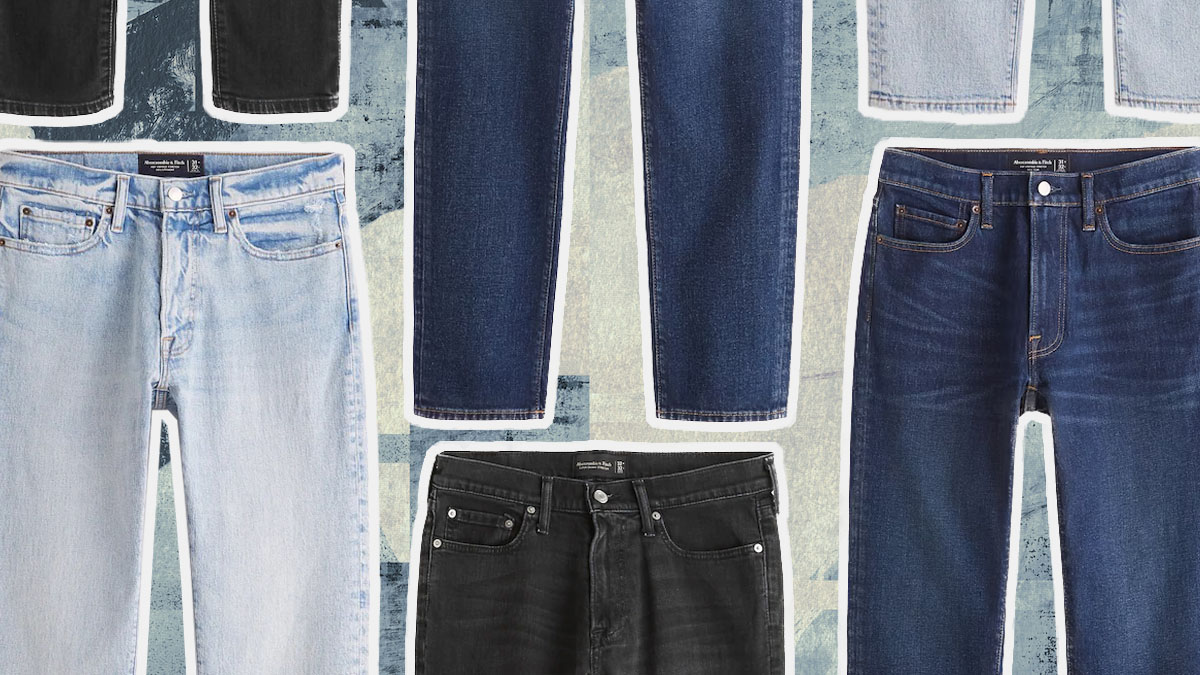 A collage of the Abercrombie & Fitch jeans on sale on a blue textured background