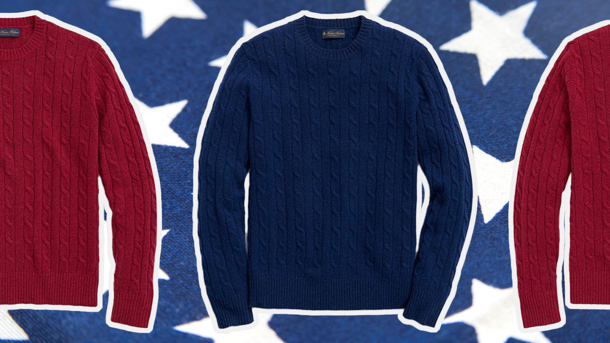 a collage of red and blue sweaters from Brooks Brothers on a star background