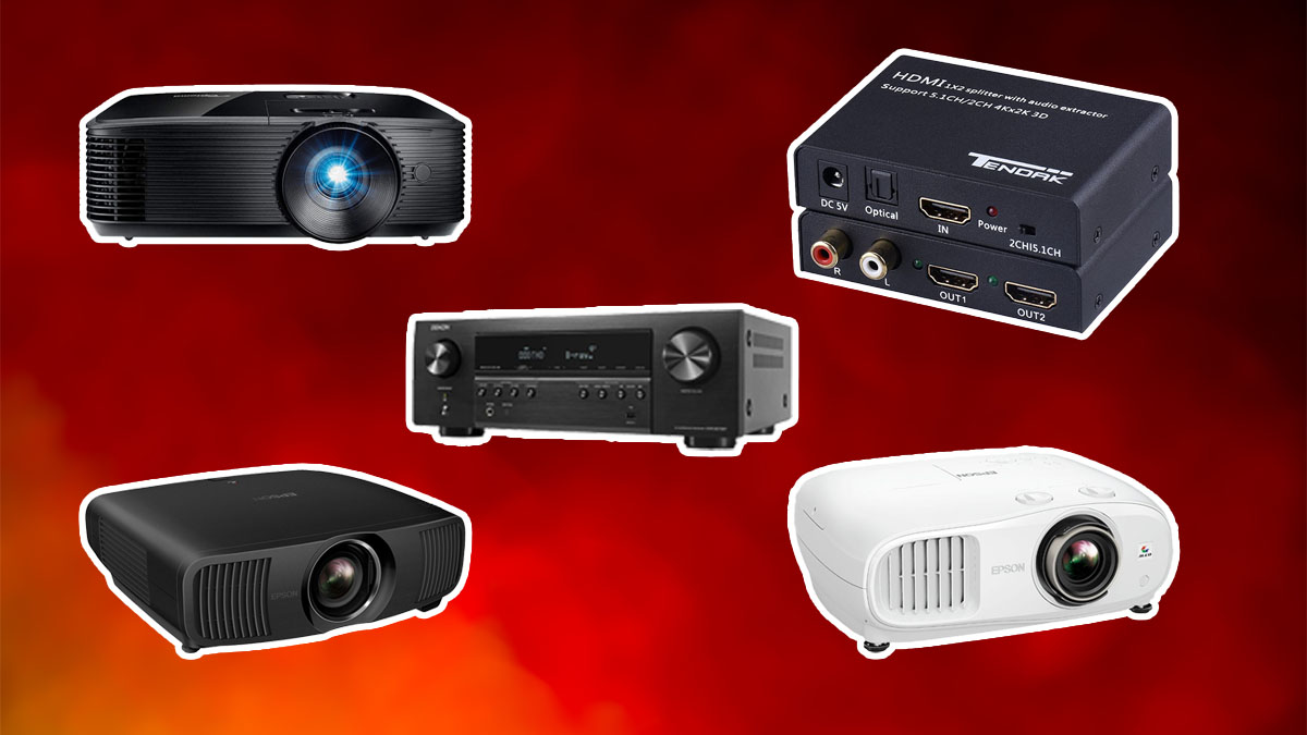 A few of the products you need to build a DIY home theater on a red background