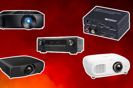 A few of the products you need to build a DIY home theater on a red background