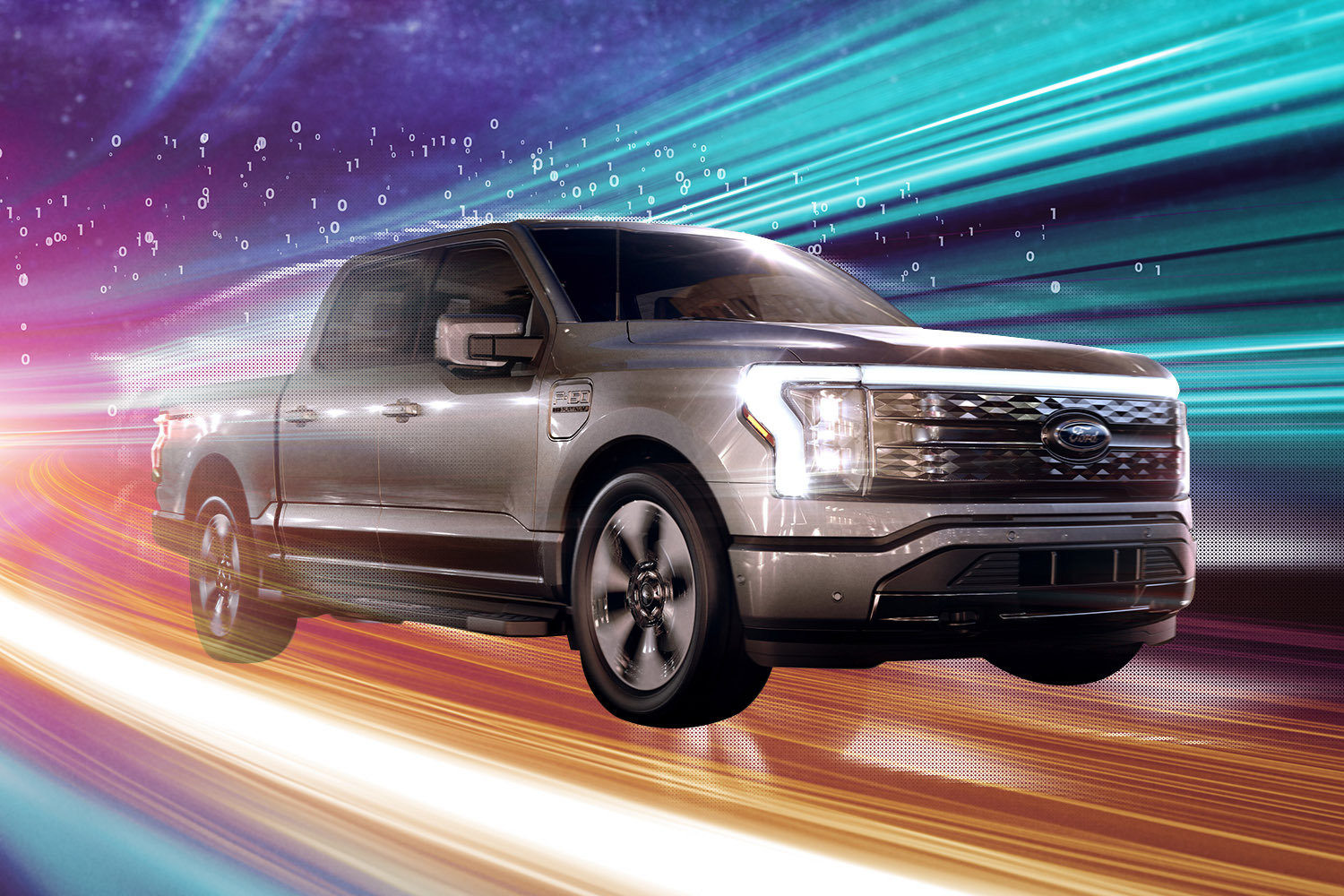 The Ford F-150 Lightning, the top trim model of the electric pickup truck, on an intergalactic background. Here's our review of the truck.