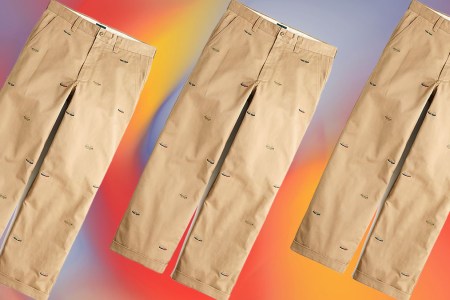 a collage of J.Crew Giant Fit Chinos on a red background