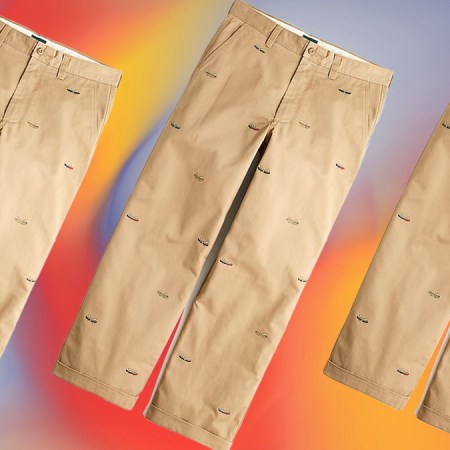 a collage of J.Crew Giant Fit Chinos on a red background