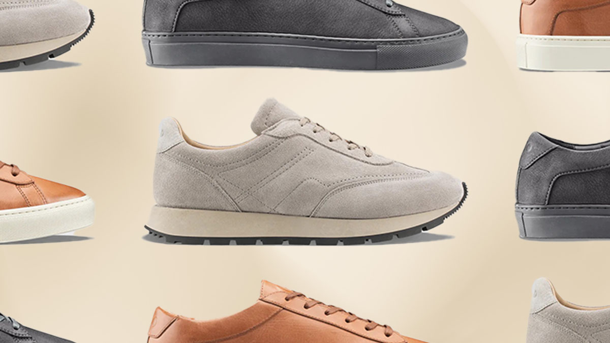 a collage of Koio sneakers on a tan background