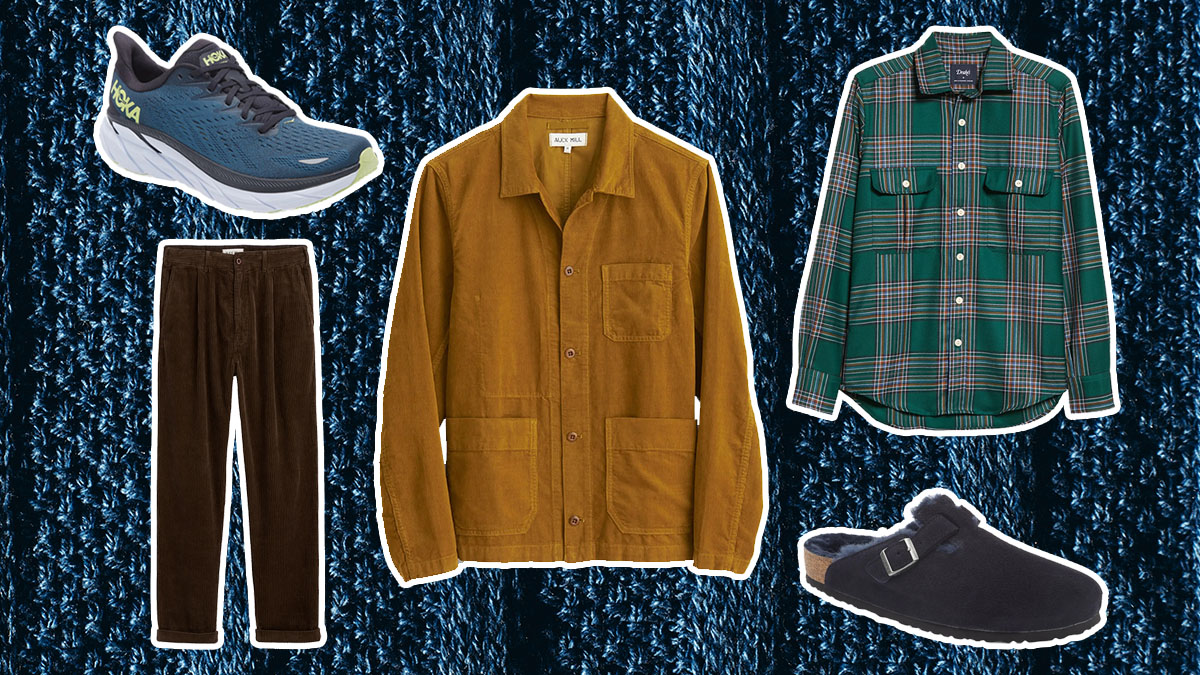 The Nordstrom winter sale items on a blue wool textured background