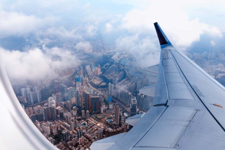 Aerial view of Hong Kong from an airplane window