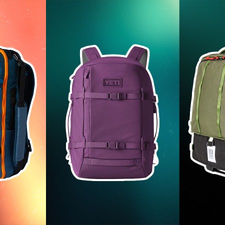 Three travel backpacks on a triptych background