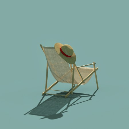 A digitally generated image of beach chair with a sun hat on it against a blue background.