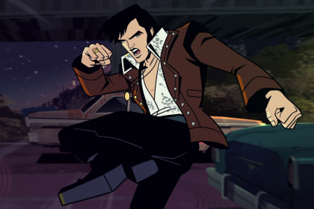 An image of "Agent Elvis," a new animated Netflix series starring Matthew McConaughey as a secret agent version of Elvis Presley