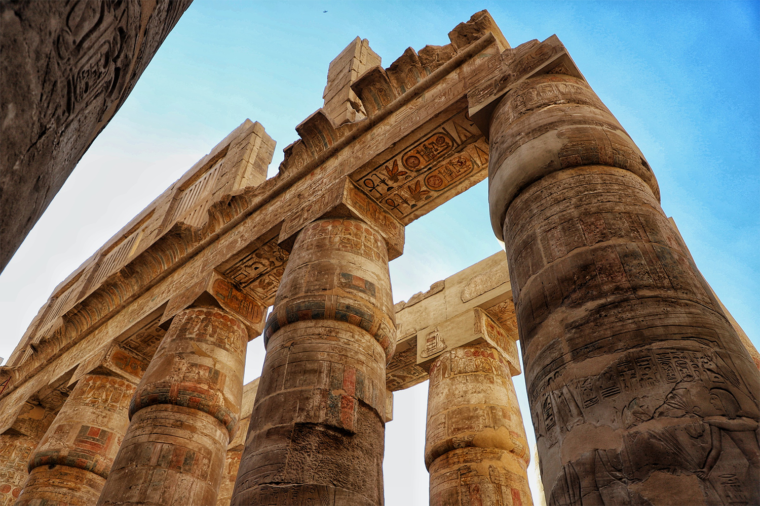 The colorful columns at the Karnak Temple in Luxor, Egype