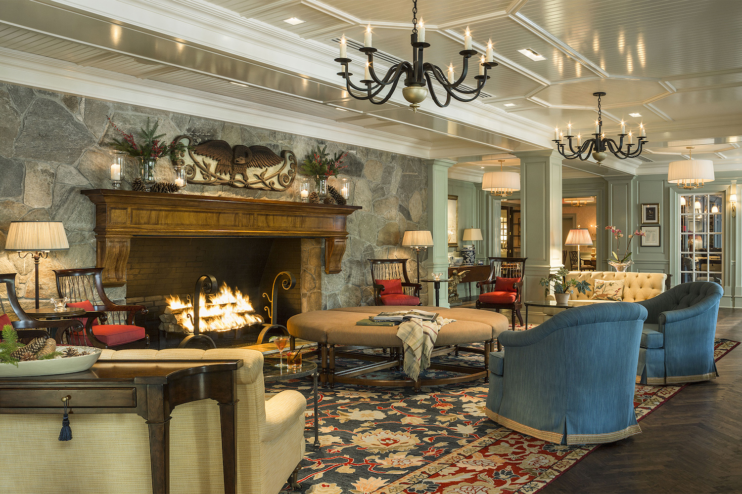 woodstock inn and resort lobby with wood burning fireplace