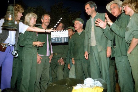 The last episode of MASH,'Goodbye, Farewell and Amen'. 'Goodbye, Farewell and Amen' remained the most watched television broadcast in American history. From second left: Loretta Swit, Mike Farrell, David Ogden Stiers, Jamie Farr, Harry Morgan, Alan Alda, William Christopher and Judy Farrell at Fox Ranch, June 18, 1984 at the Malibu Creek State Park in California