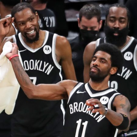 Kyrie Irving, Kevin Durant and James Harden as members of the Nets.