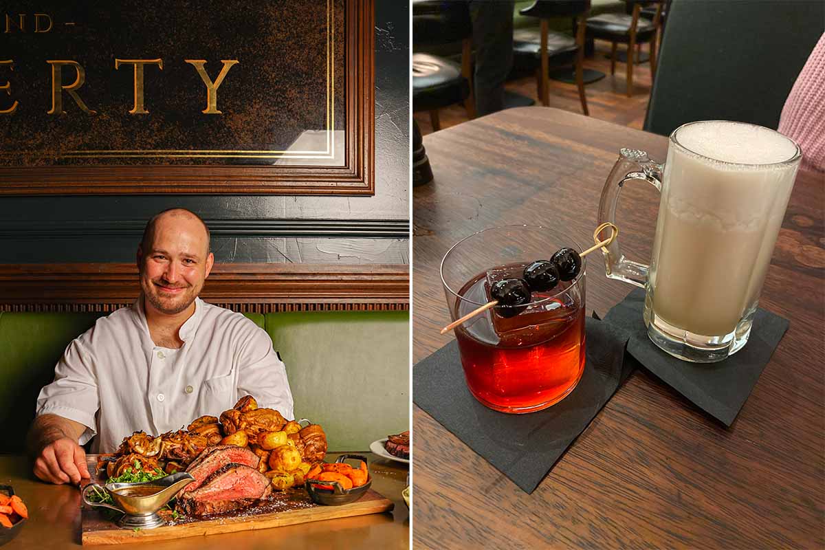 Hawksmoor Chef Paddy Coker (left); Two drink options at the Hawksmoor brunch