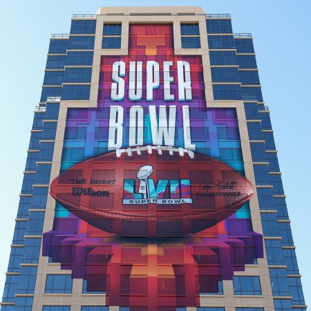 A view of Super Bowl LVII signage in Phoenix.