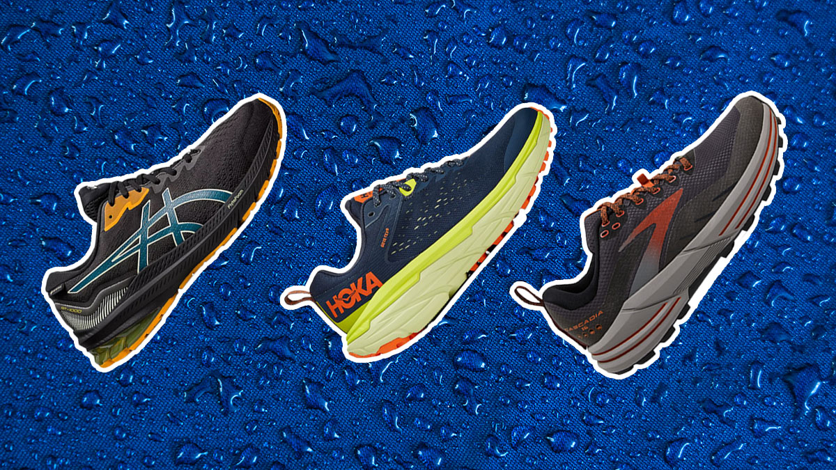 three waterproof running shoes from brooks, asics and Hoka