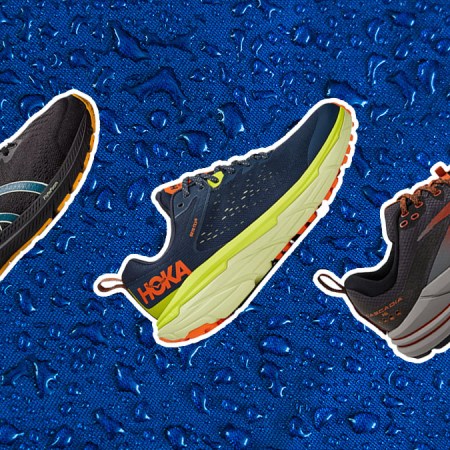 three waterproof running shoes from brooks, asics and Hoka