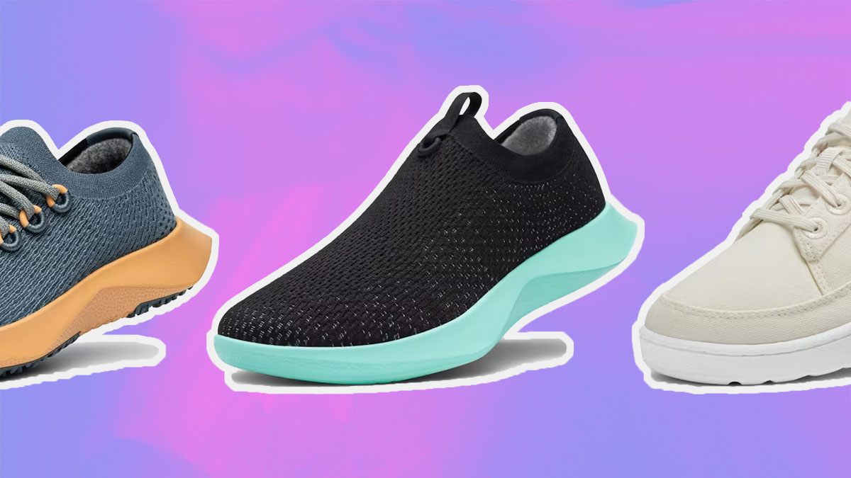 a collage of items from the Allbirds sale on a purple background