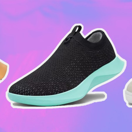 a collage of items from the Allbirds sale on a purple background