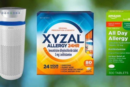 Allergy relief products from Amazon, on a green background