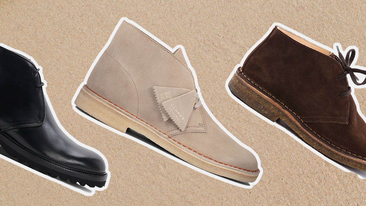 a collage of Chukka Boots on a grey background