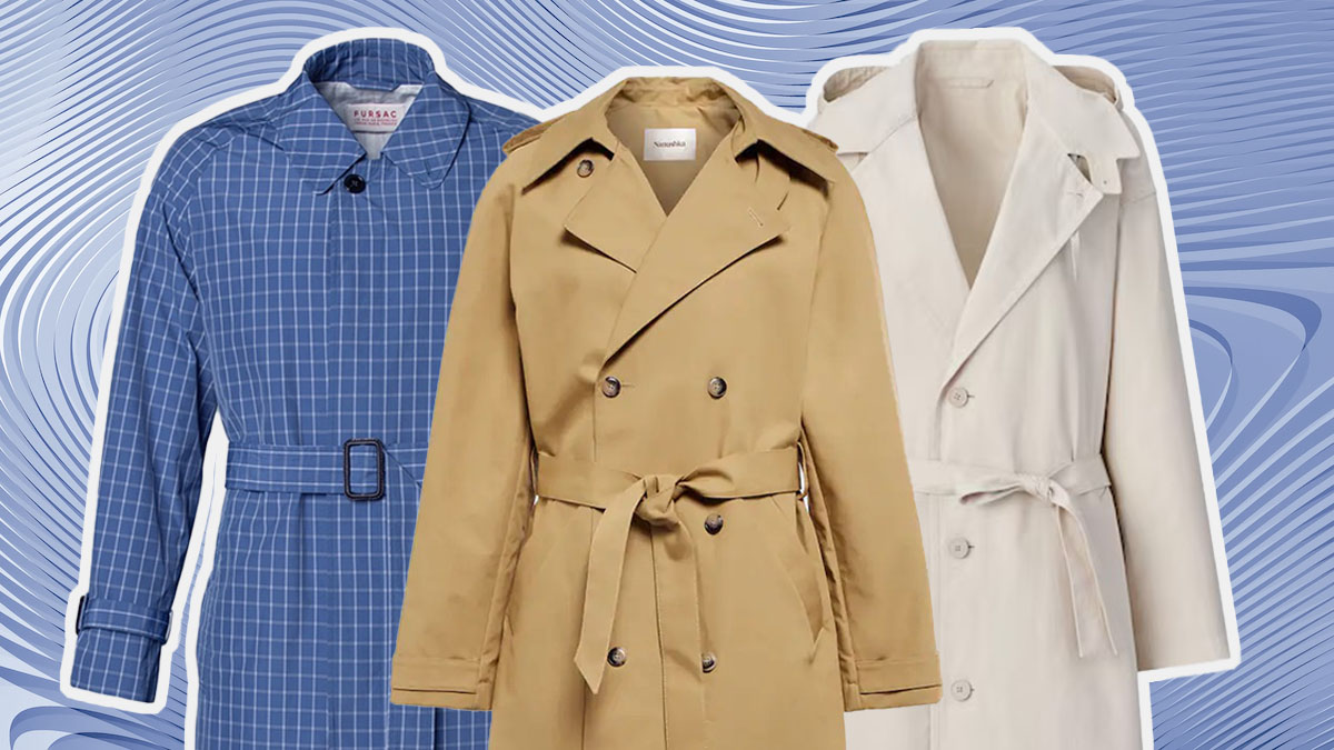 a collage of the best trench coats for men on a blue background