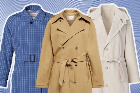 a collage of the best trench coats for men on a blue background