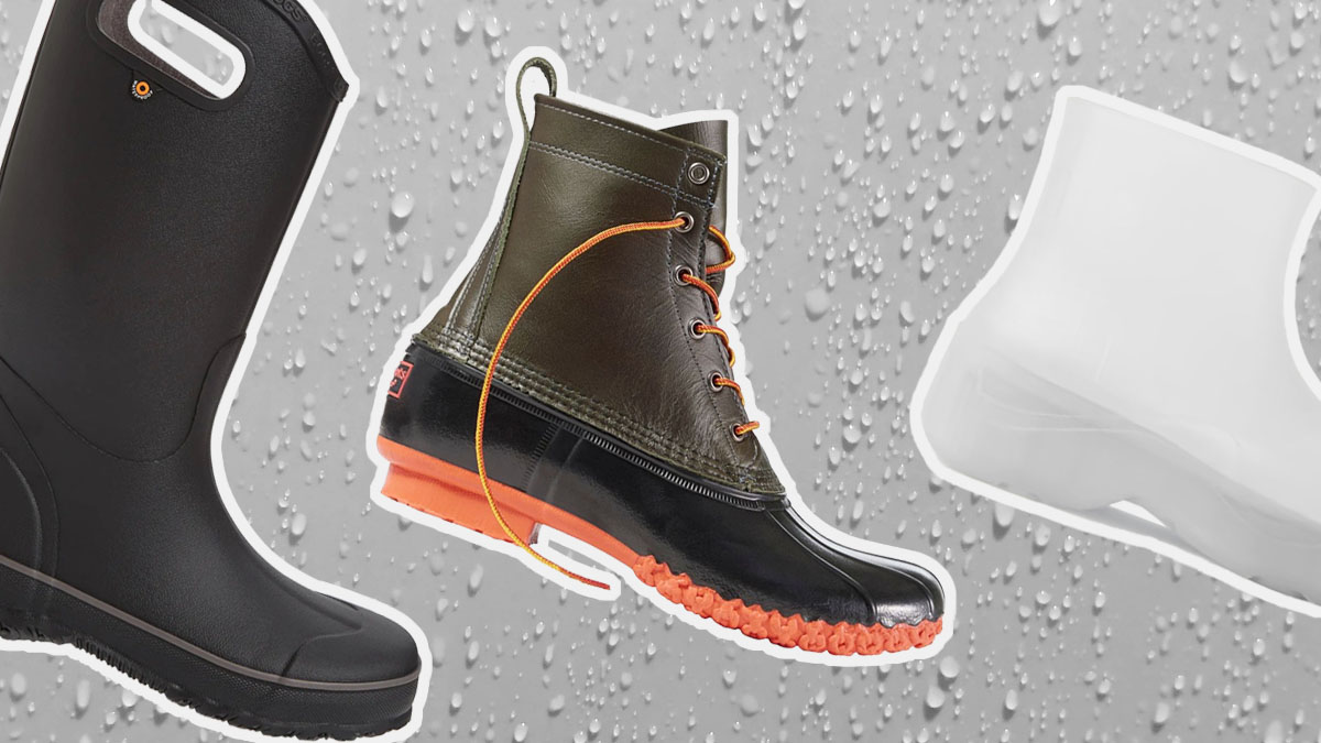 a collage of the best rain boots for men on a grey rainy background