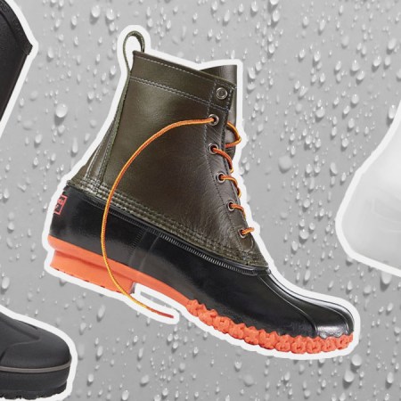 a collage of the best rain boots for men on a grey rainy background