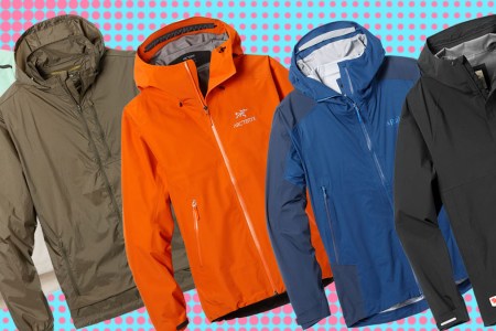 a collage of the best rain jackets for men on a pink and blue dotted background