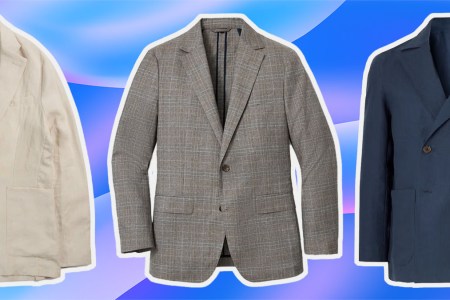 a collage of the best spring blazers for men on a blue striped background