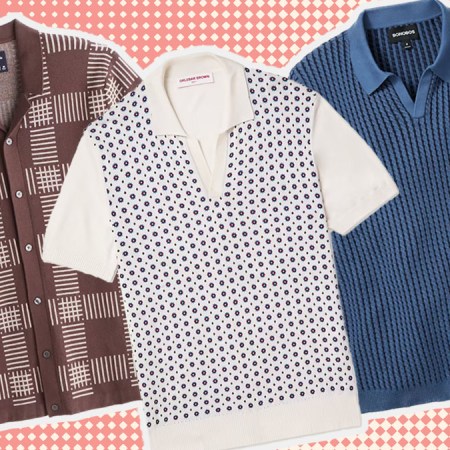 a collage of the best knit polos for men on a red dotted backgorund