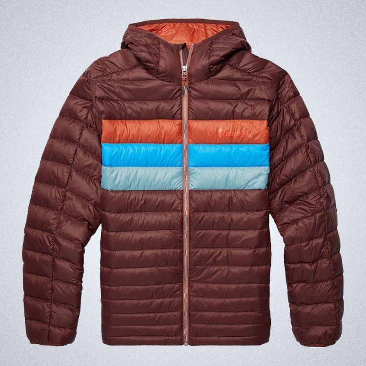 a red Cotopaxi Fuego Hooded Down Jacket on a grey background