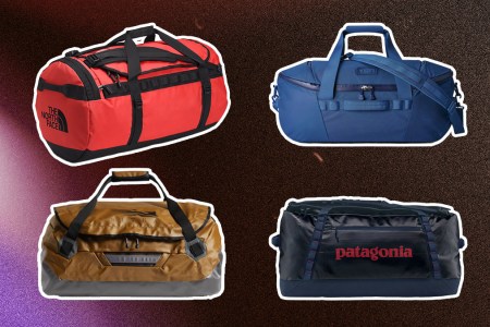 Four outdoor duffel bags on a purple and red abstract background