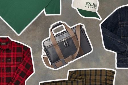 A collage of gear from the Filson Warehouse Sale on a camo background